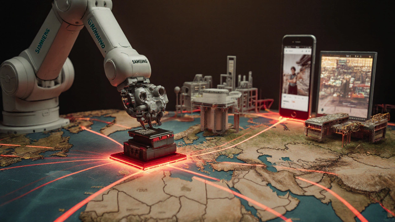 A conceptual map showing global manufacturing connections between Germany, Japan, South Korea, and India.