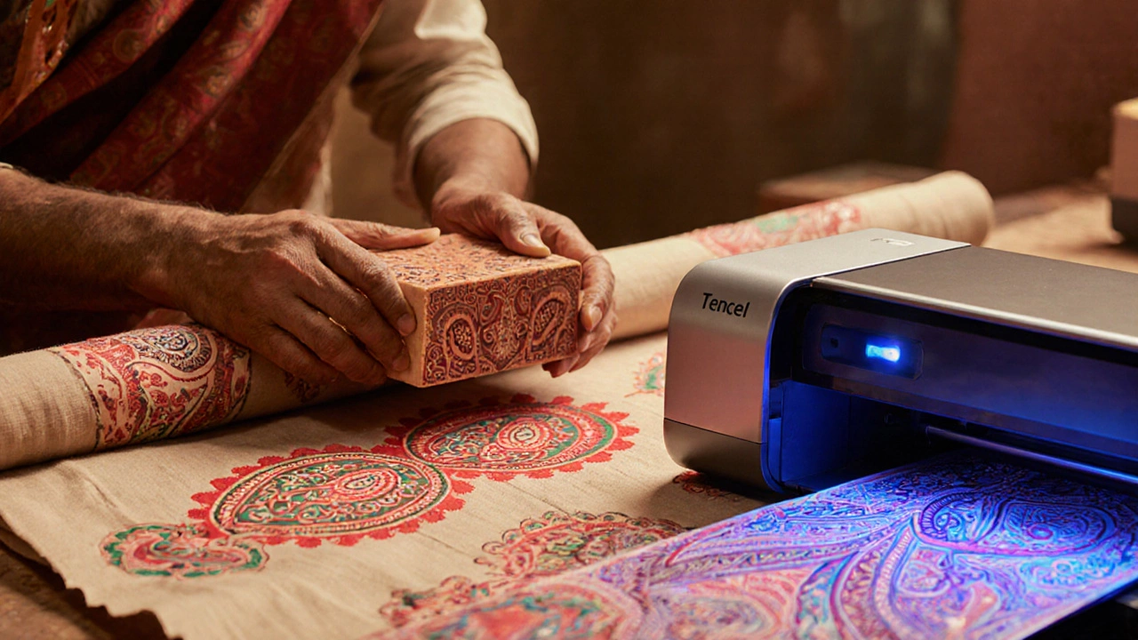 Artisan hand‑block printing a pattern onto sustainable Tencel beside a digital printer.