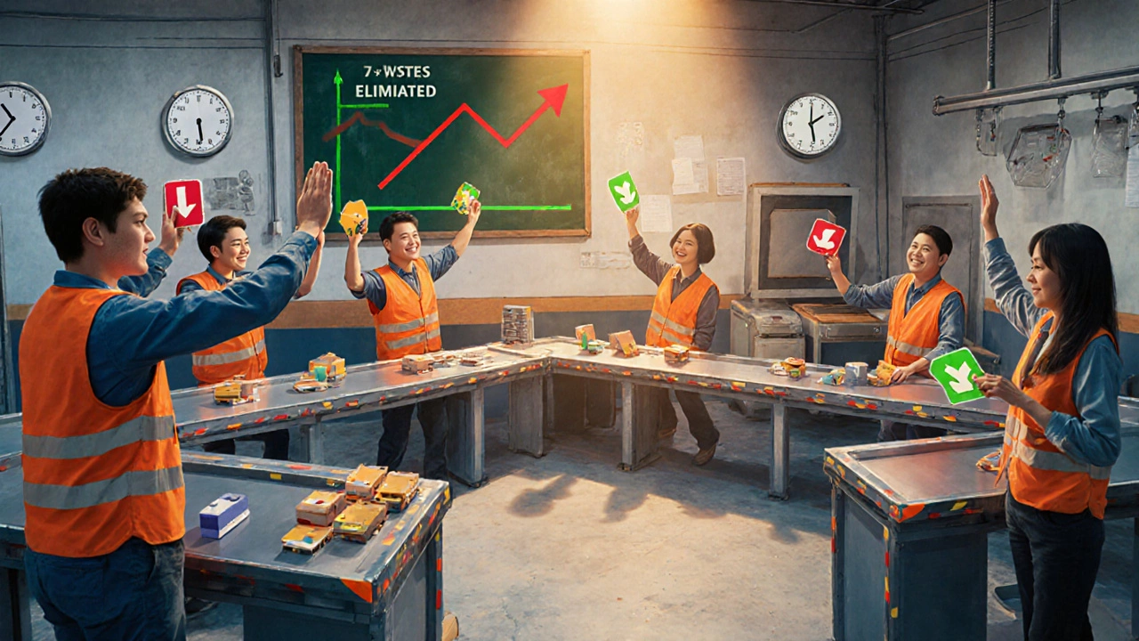 Celebrating metal fabricator team beside a U‑shaped lean line with kanban boards and a falling defect chart.