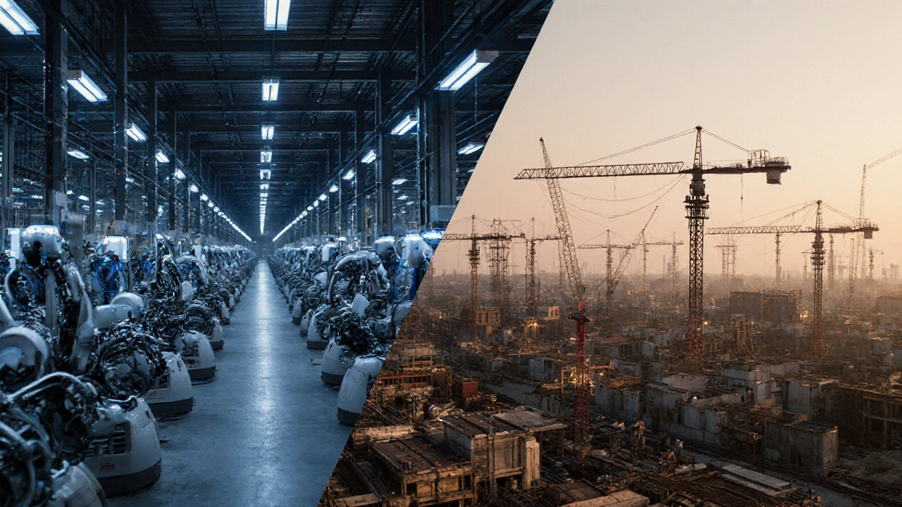 Contrasting scenes of automated Chinese factories and emerging Indian industrial construction at dawn.