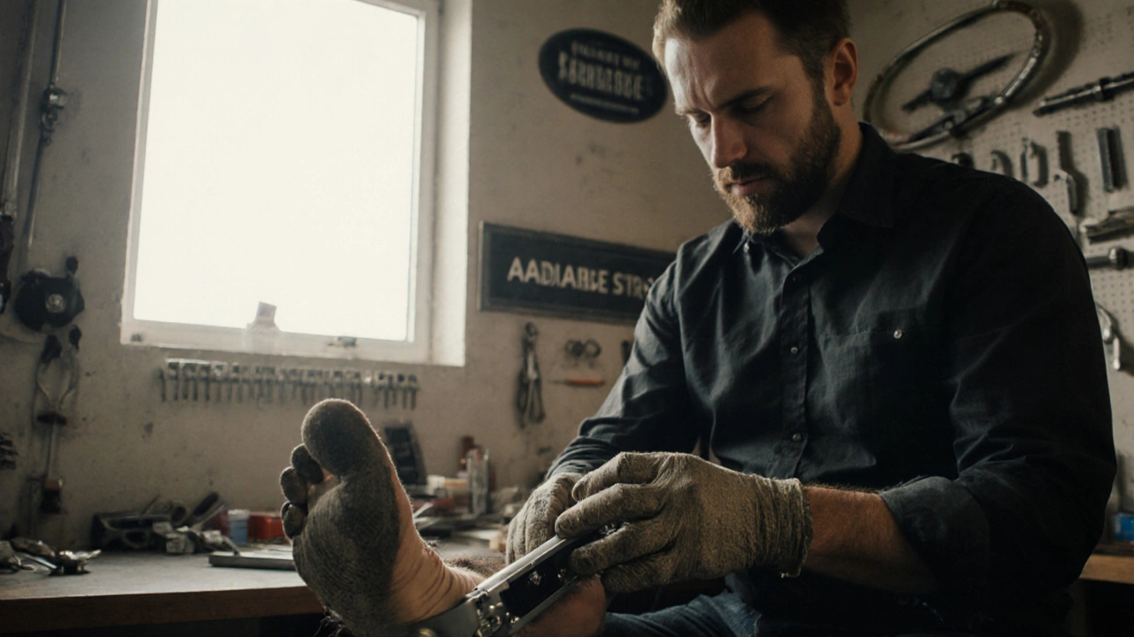 Craftsperson fitting a custom orthotic device for a customer in a modest studio with tools on the wall.