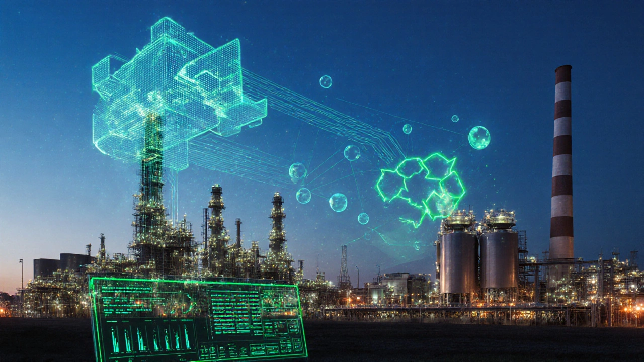 Digital twin overlay on a chemical plant with AI data streams, green hydrogen unit, and recycling loop.