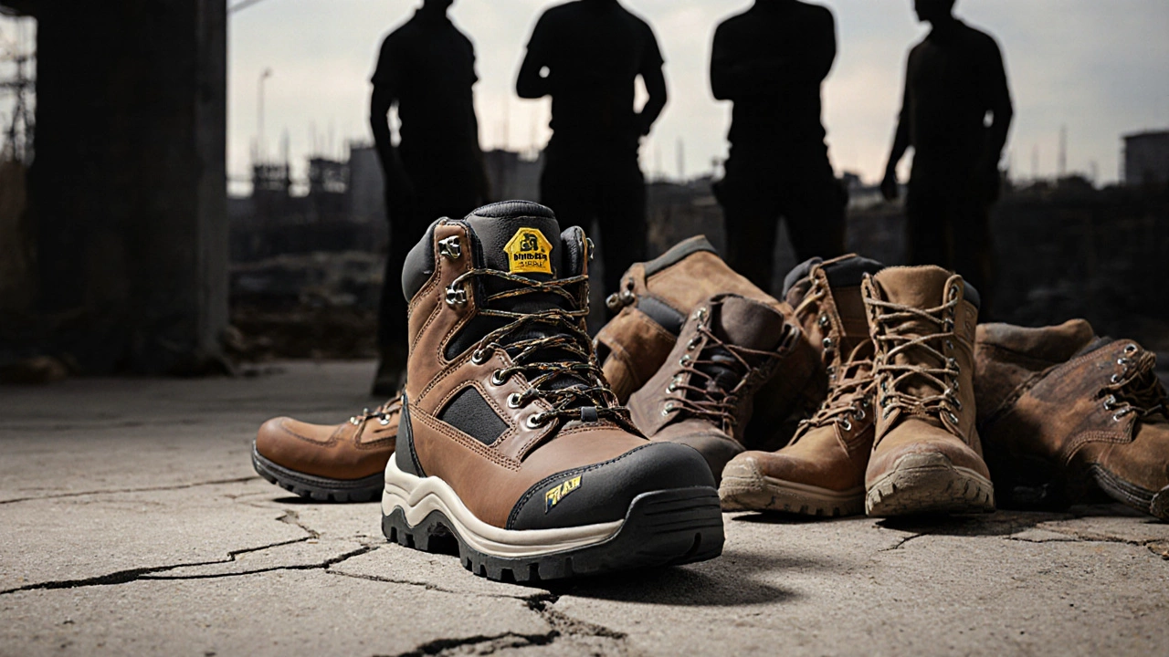 Durable vegan leather work boot beside discarded cheap boots on cracked concrete.