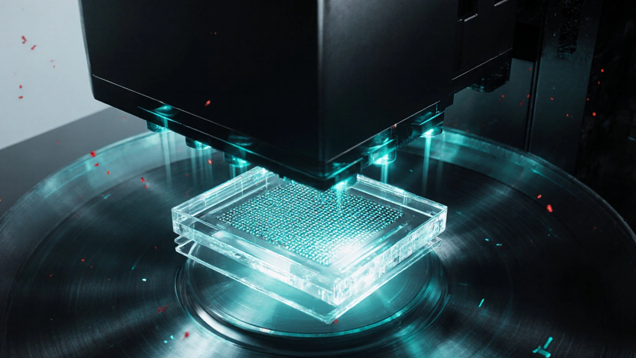 EUV lithography machine projecting cyan light onto a wafer with a glowing quartz mask.