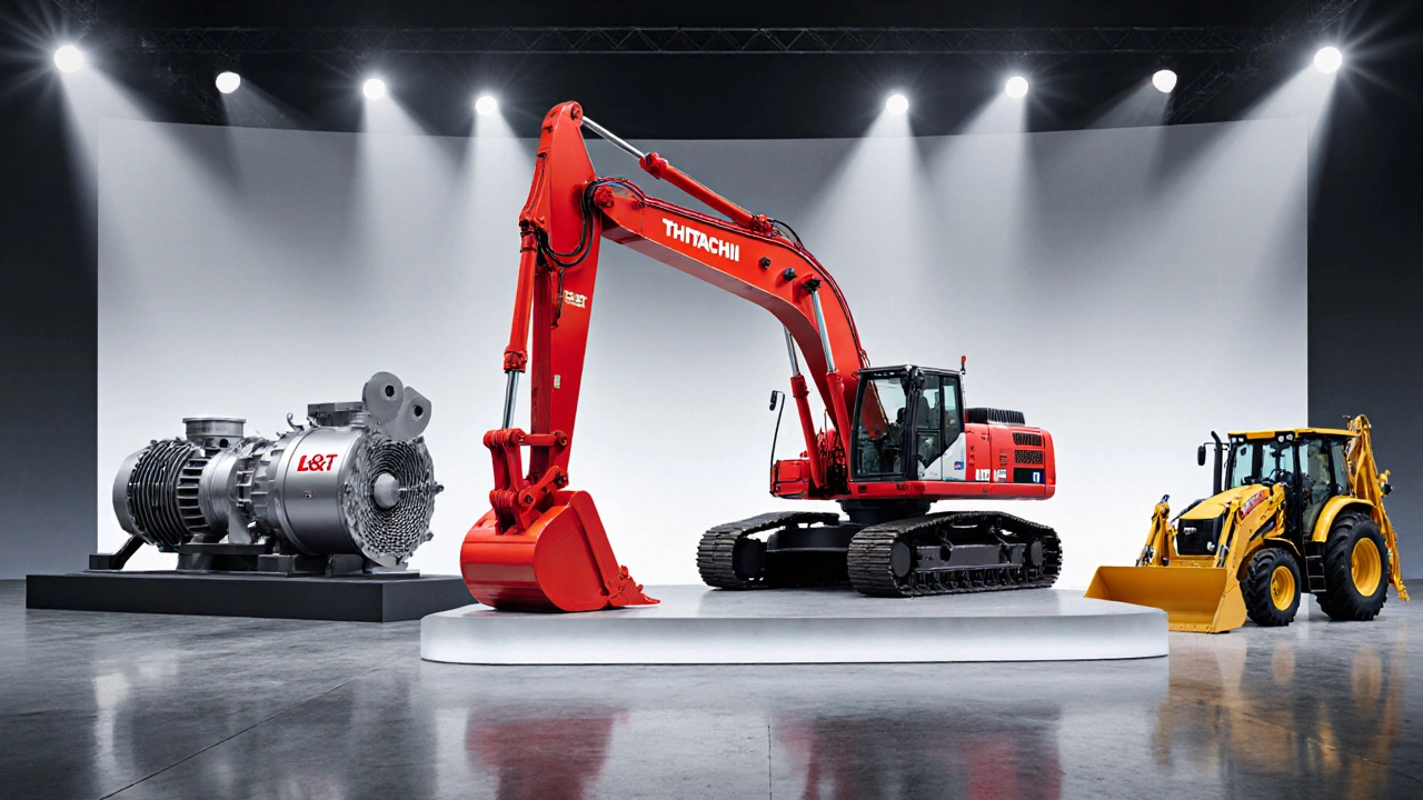 Exhibition hall displaying Tata Hitachi excavator, L&T turbine, Mahindra tractor, BHEL generator, and JCB backhoe.