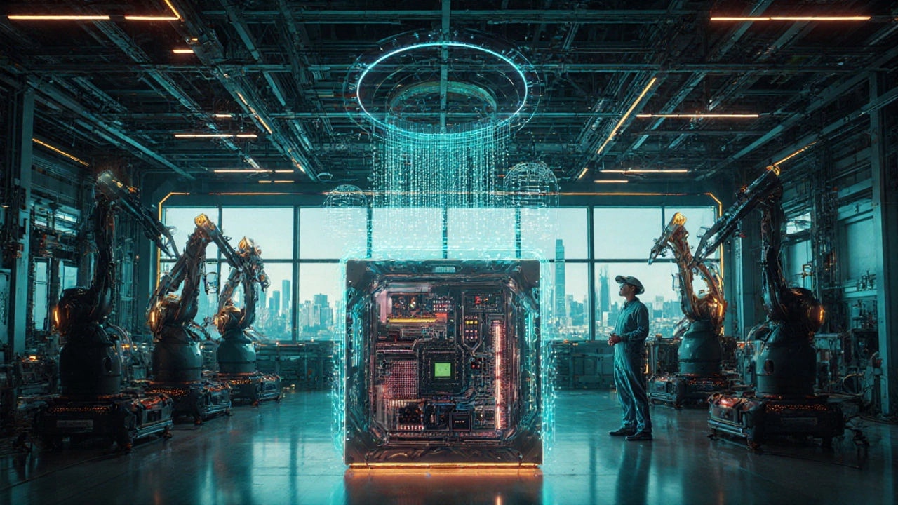 Futuristic AI‑controlled chip fab with holographic dashboards and autonomous robots.