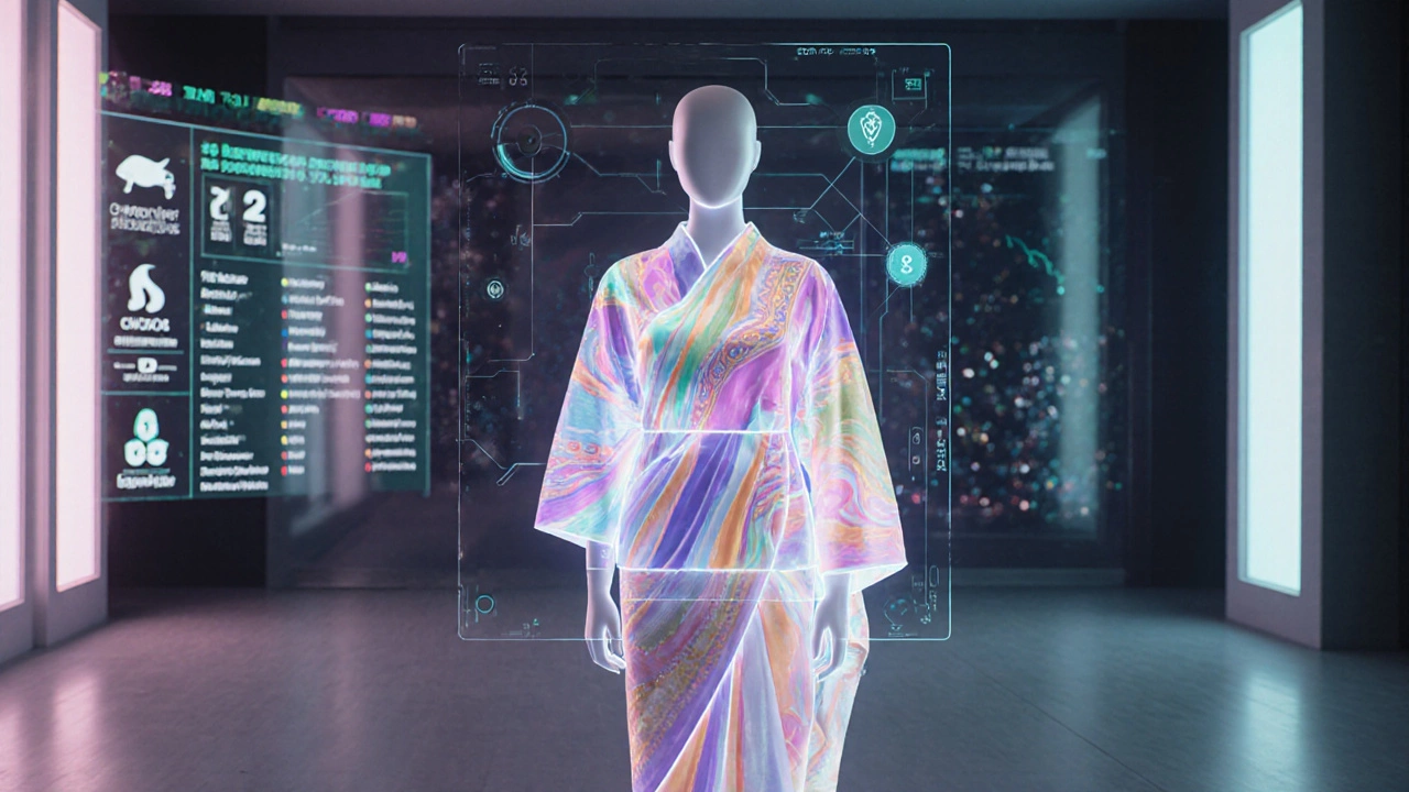 Futuristic AI hologram designing a hybrid Japanese‑Indian garment on a mannequin.