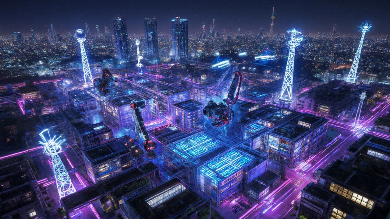 Futuristic Bengaluru factory with AI robots, 5G towers, and EV component lines at night.