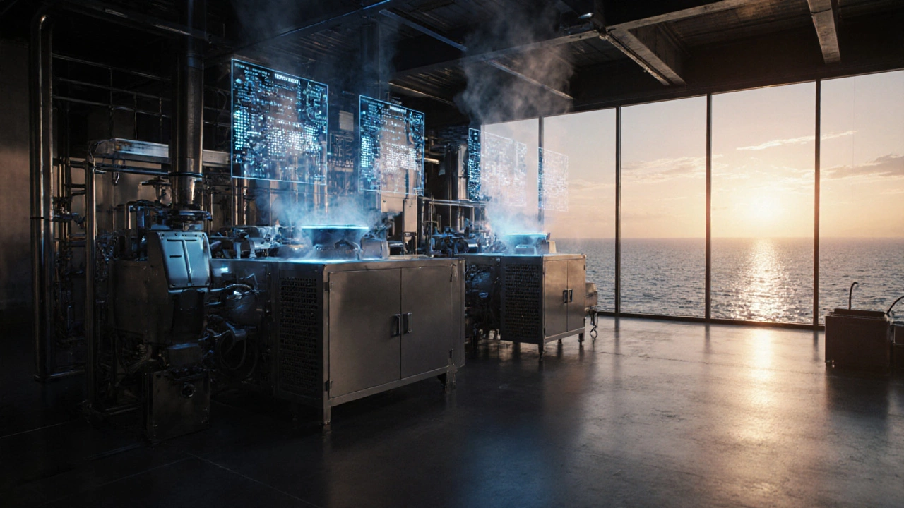 Futuristic factory with AI sensors and clean environment overlooking sunrise over sea.