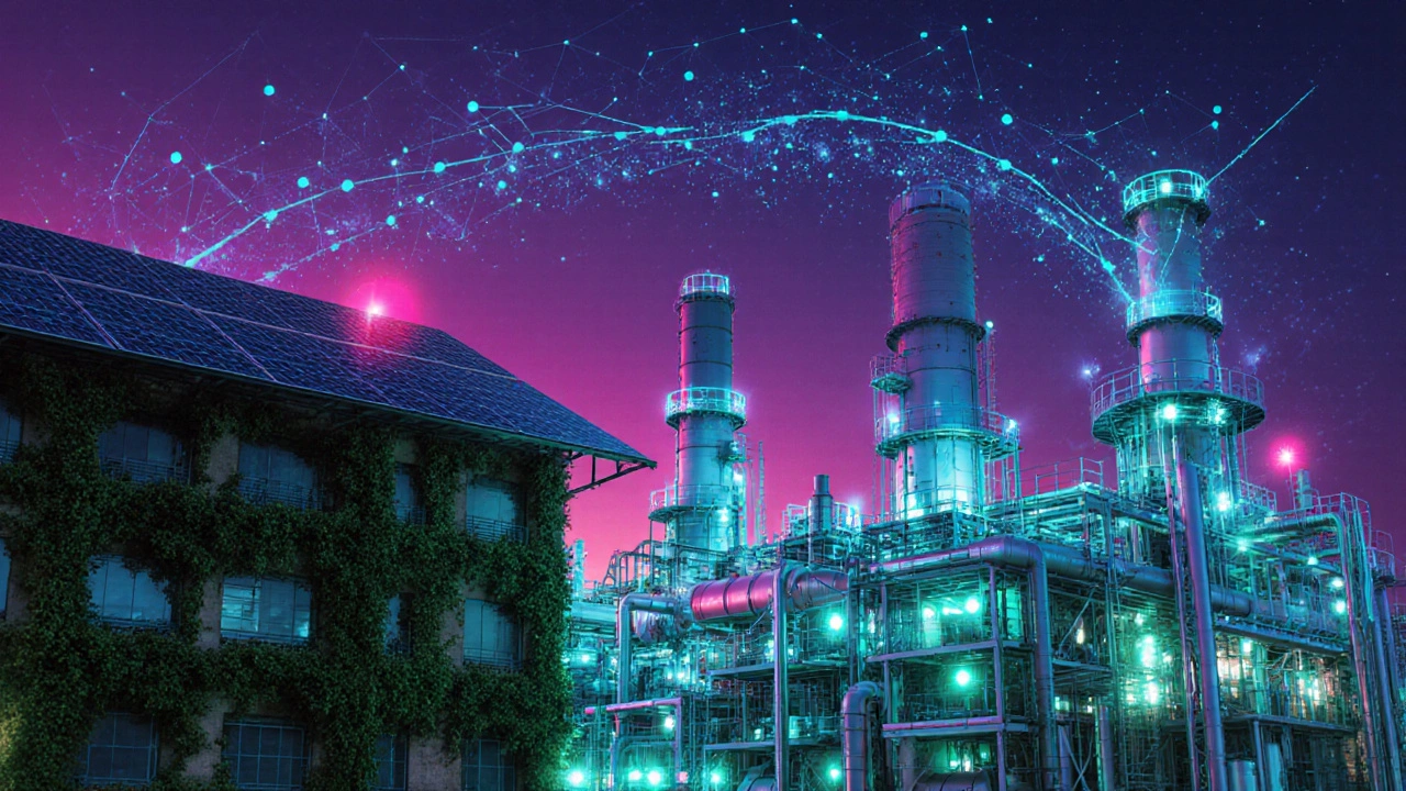 Futuristic green chemistry plant with solar panels, vertical gardens, and holographic data.
