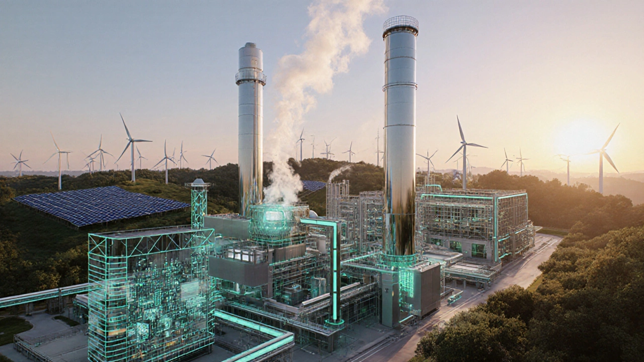 Futuristic green steel plant with wind turbines, solar panels, and carbon‑capture tubes at sunrise.
