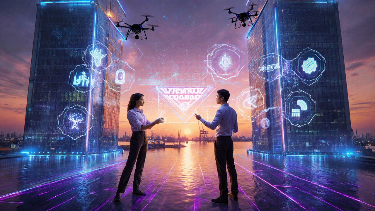 Futuristic Gujarat startup hub with holographic tech and young innovators.
