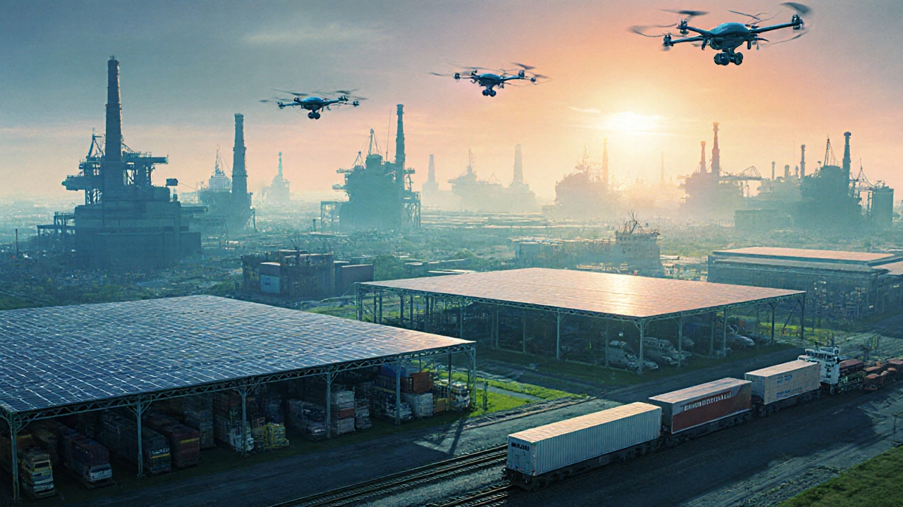 Futuristic Indian automotive complex showing electric‑vehicle factories, solar canopies, and export ships.