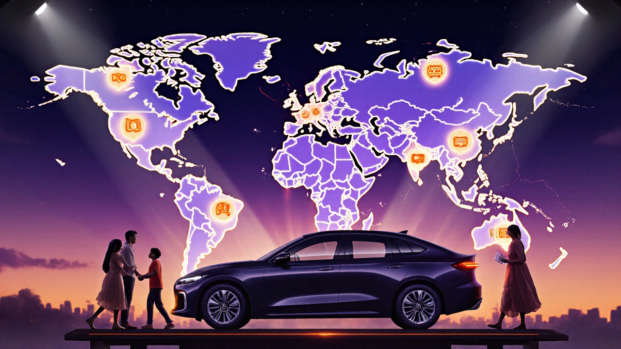 Futuristic Indian car launch scene with happy families, glowing spotlights, and visible dealer and charging infrastructure.