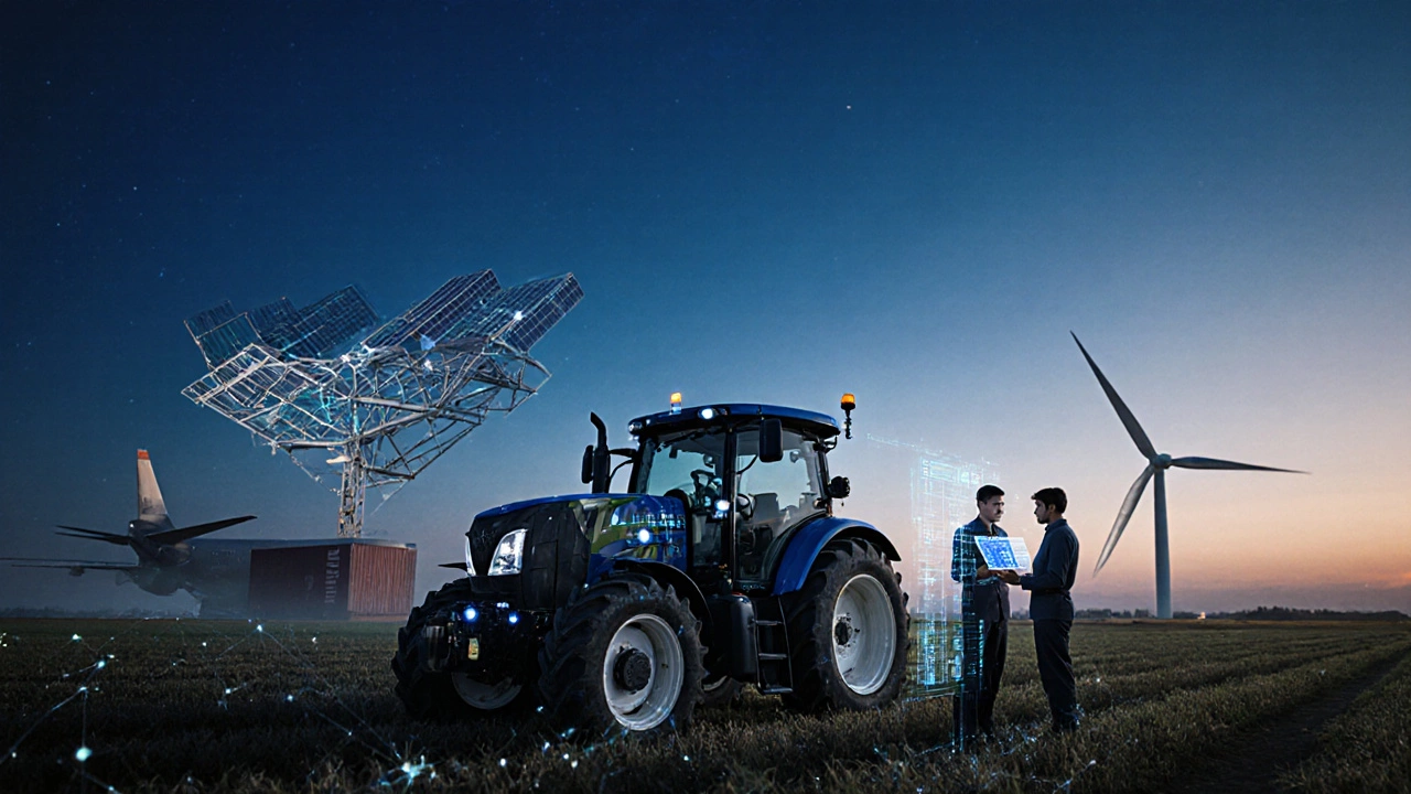 Futuristic IoT tractor, solar mounting frame, and wind turbine component with digital overlays.