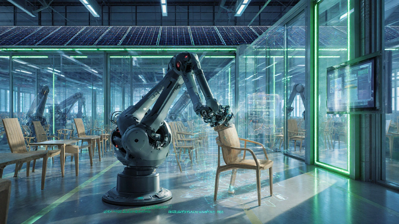 Futuristic Polish pilot plant with robotic arms assembling furniture under solar-powered lighting.