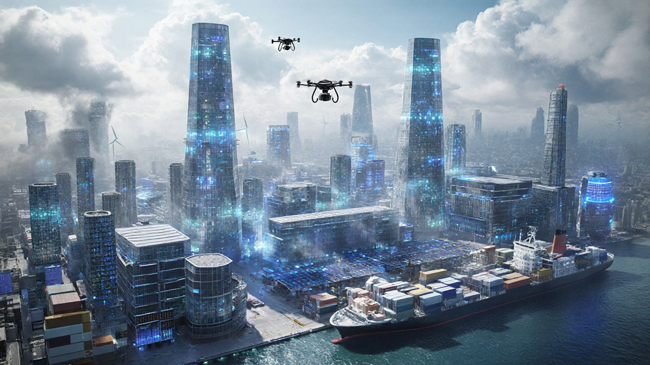 Futuristic textile hub with AI looms, robotic arms, solar panels, and drone deliveries.
