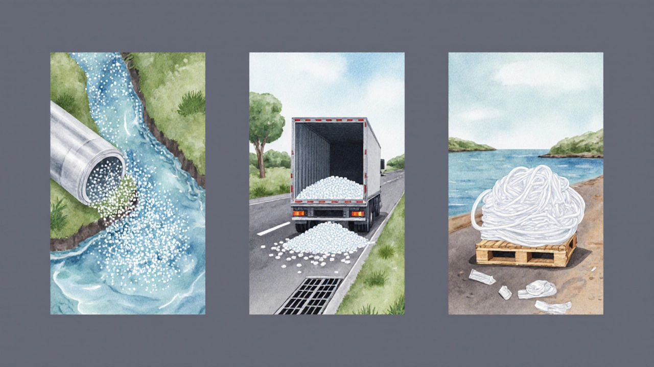 Illustration of microplastic spilling into water, pellets on road, and plastic wrap waste.