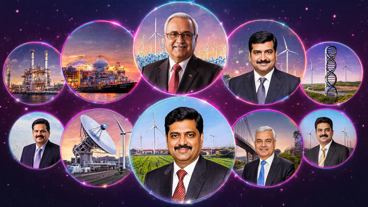 Illustration of ten Gujarati billionaires with industry-specific backgrounds.