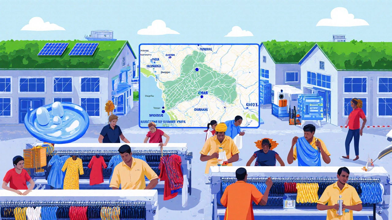 Illustration of Tiruppur’s knitwear factories with workers, green roofs, and nearby Chennai port.