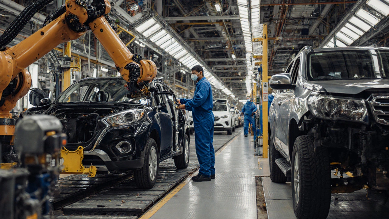 Inside a busy Indian auto plant with robots assembling hatchbacks and SUVs alongside technicians.