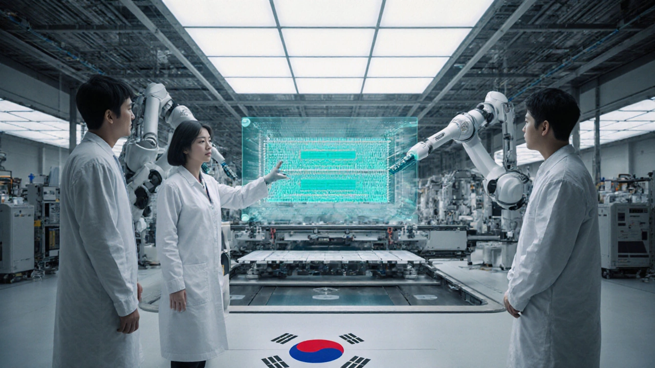 Inside a South Korean semiconductor fab, engineers examine wafers under bright LED lights.