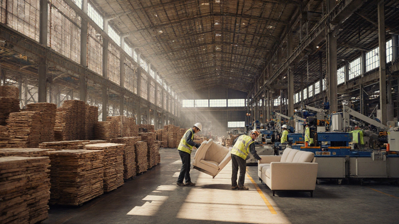 Inside a Vietnamese Ashley Furniture factory with wood cutting, upholstery stations, and quality inspections.