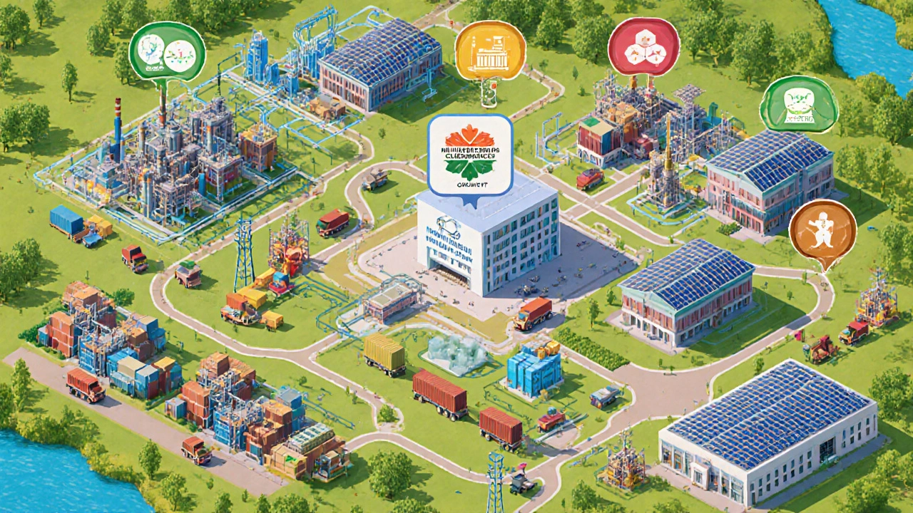 Isometric view of a Gujarat chemical park showing factories, solar power, trucks, and policy icons.