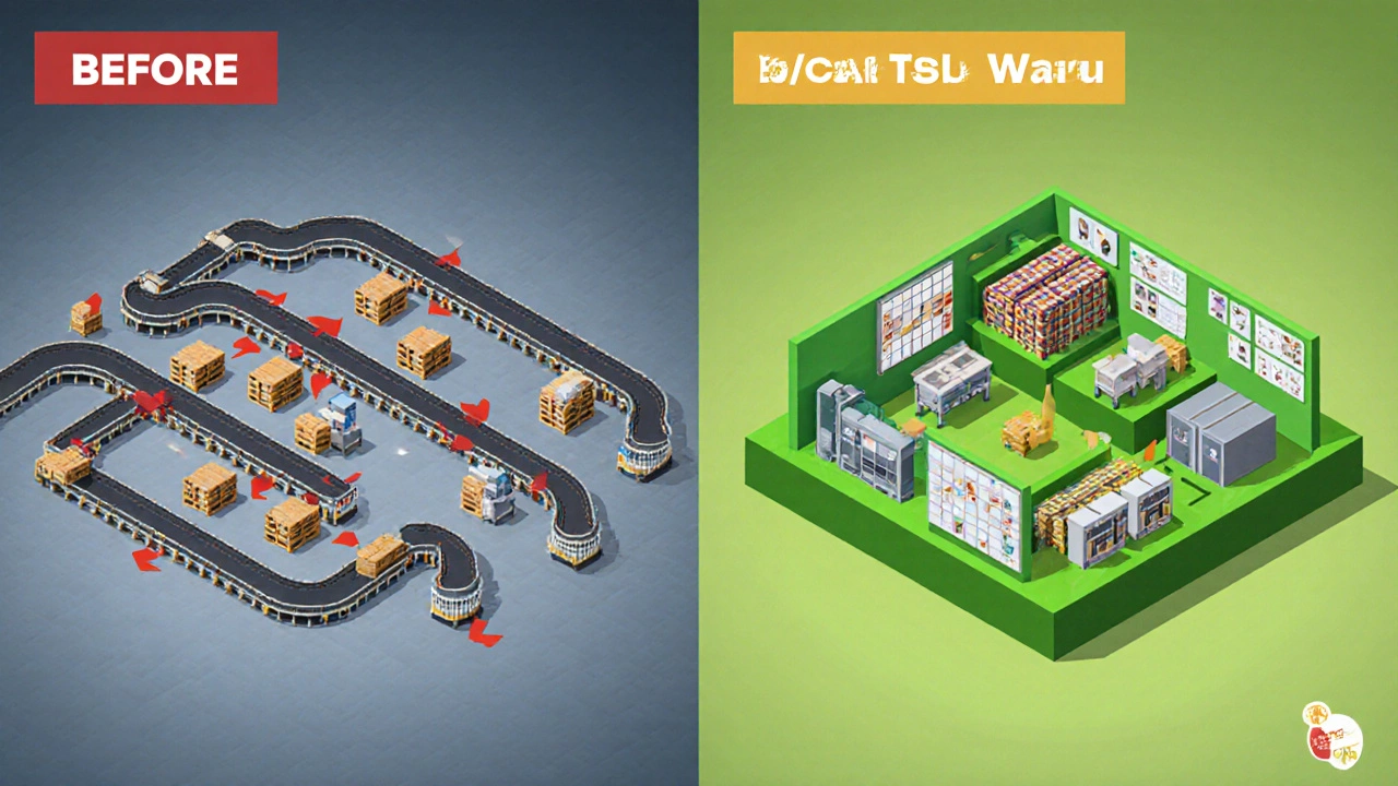 Side‑by‑side factory layouts showing long transportation routes versus compact cellular design.