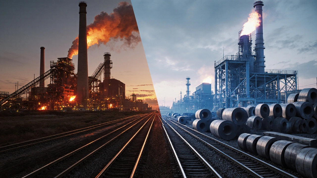 Side‑by‑side view of Gary Works blast furnace and Portland Works electric‑arc furnace with rail cars.