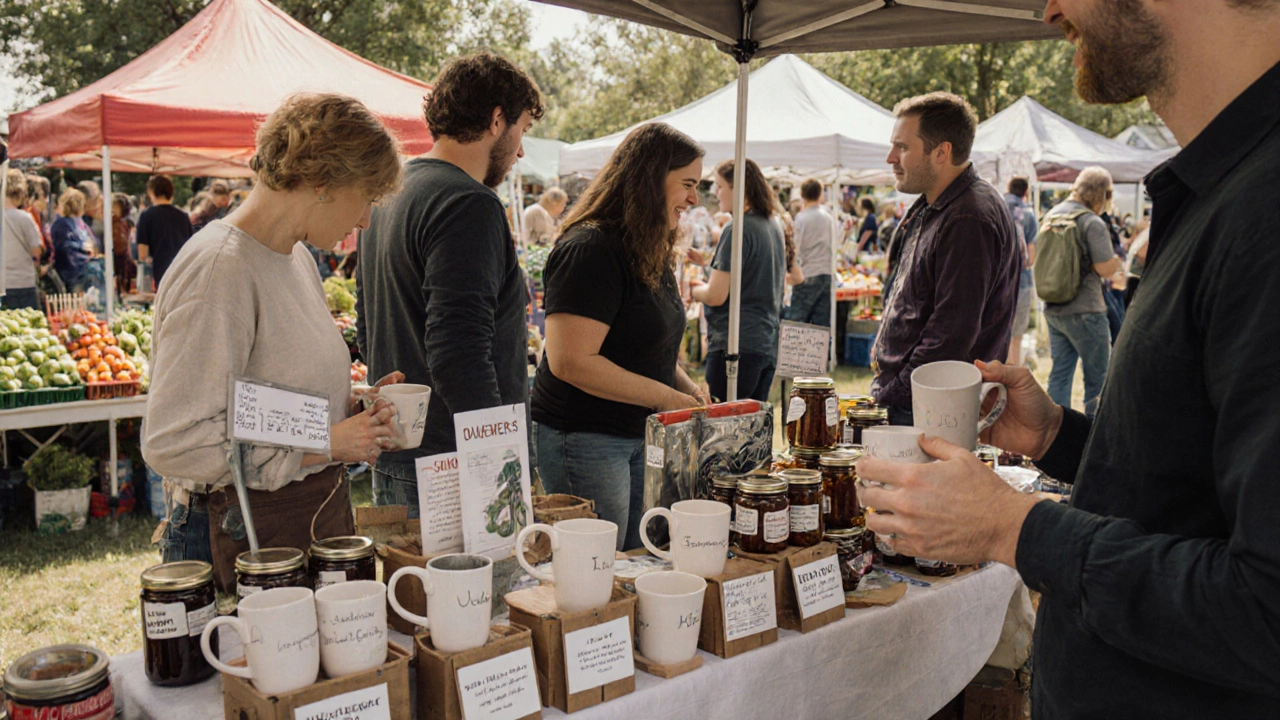 Small manufacturer at a farmers market selling handmade ceramics, metal brackets, and jam jars to local customers.