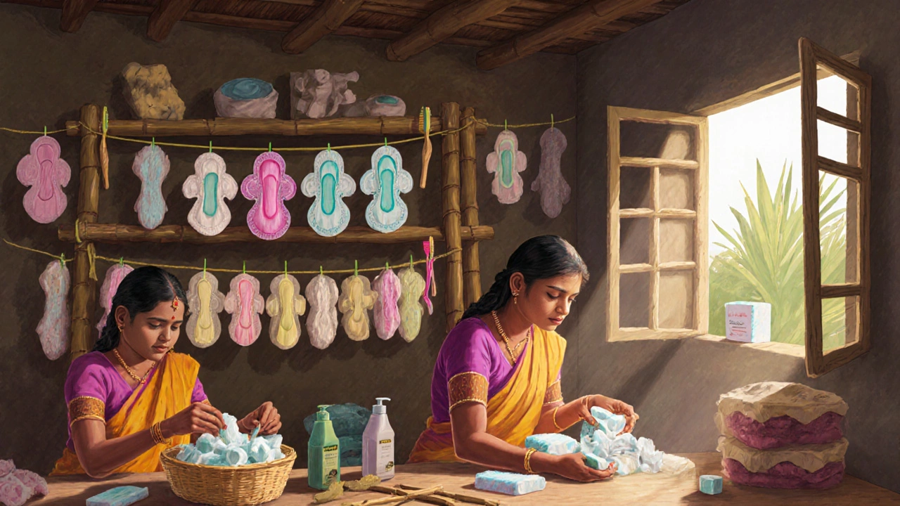 Small workshop producing eco-friendly sanitary pads and bamboo toothbrushes in India.