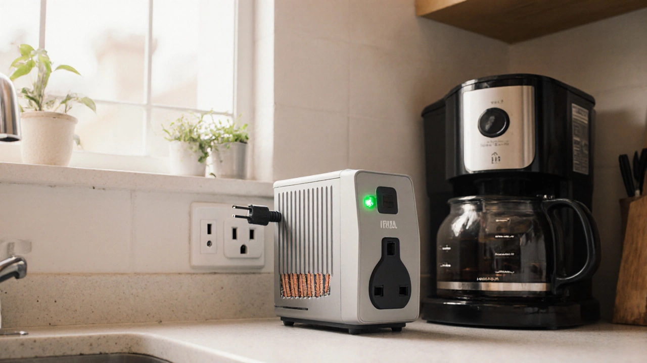 Step‑down transformer plugged into Indian socket powers a coffee maker with an adapter.