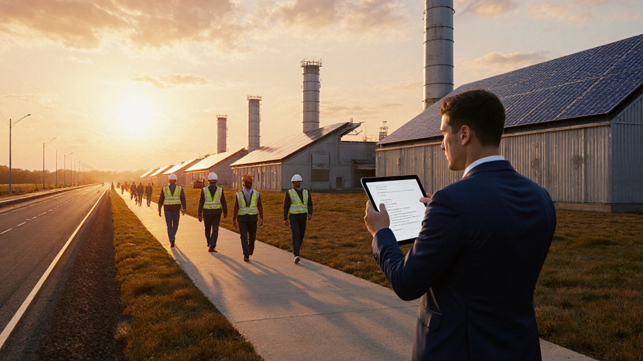 Sunrise over a solar‑powered factory park with workers and a founder.