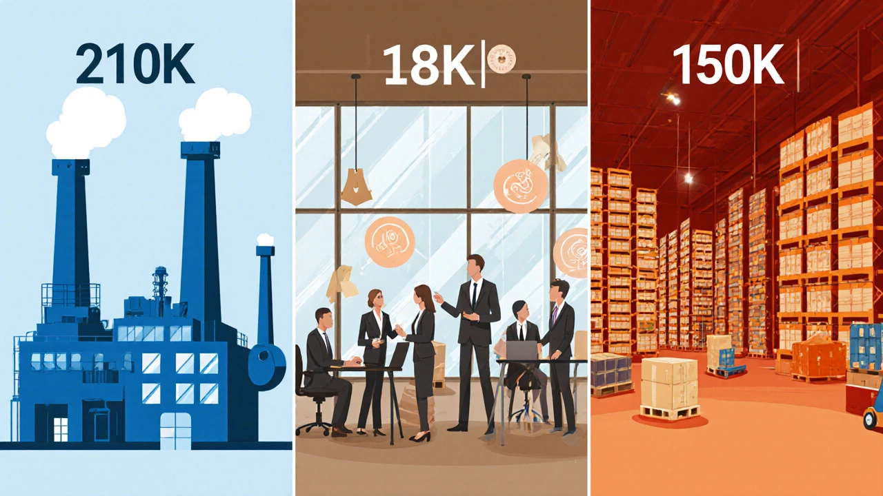 Three-panel illustration showing manufacturing plant, professional office, and wholesale warehouse.