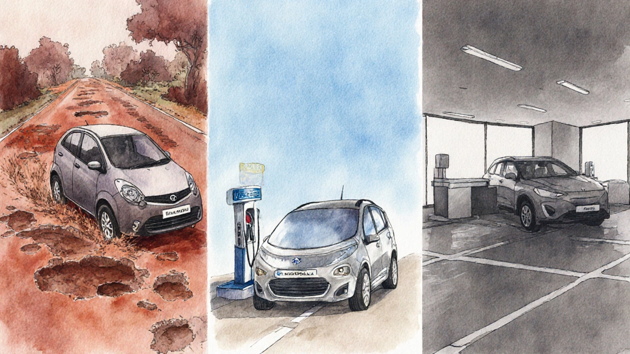 Watercolor collage showing Tata Nano on a rough road, Mahindra e2o at a lone charger, and Chevrolet Captiva in an empty showroom.