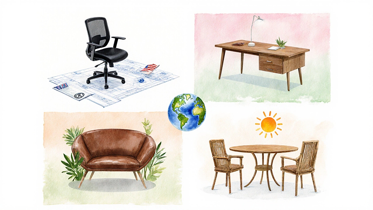 Watercolor roundtable showing US ergonomic chair, German eco desk, Italian luxury sofa, and Vietnamese bamboo set.