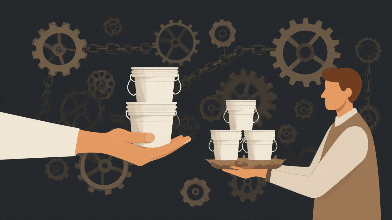 A barter exchange of plastic buckets for warehouse space in a rural Indian setting.