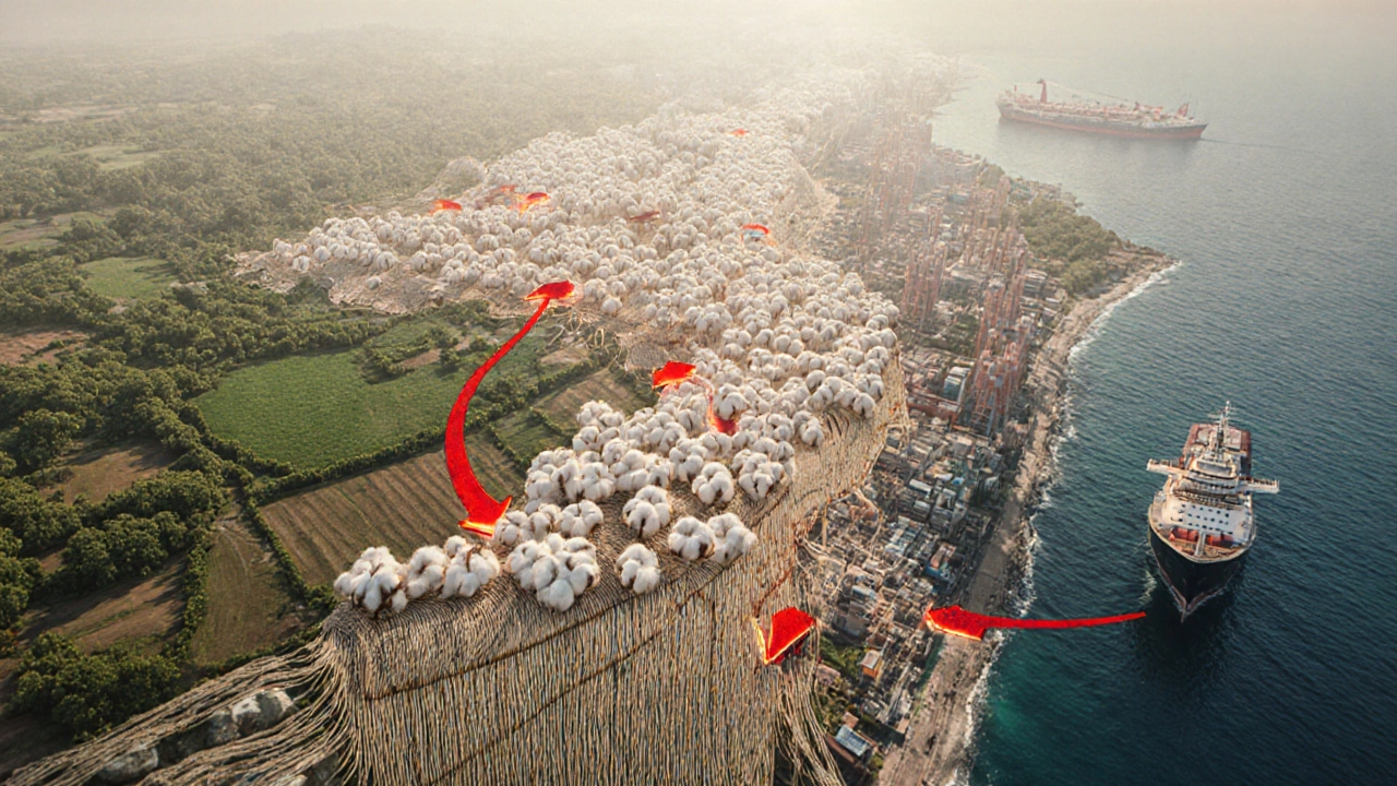 A conceptual tapestry showing cotton as the dominant thread in India&#039;s textile economy, with silk and synthetics on the edges.