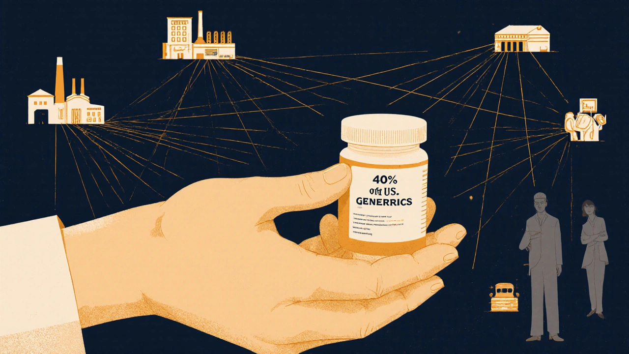 A pill bottle labeled &#039;40% of US generics&#039; with threads leading to Indian factories and American healthcare sites.