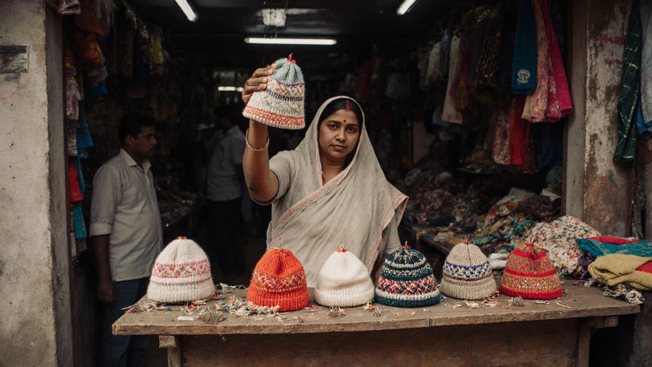 A woman showing hand-stitched woolen caps to a shop owner in Ludhiana.