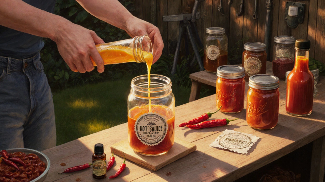 Artisan pouring soy wax into glass jars to make handmade hot sauce in a backyard shed.