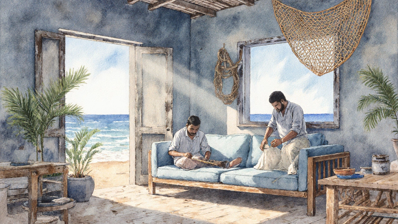 Artisans building coastal-style rattan and reclaimed teak furniture in a Kannur studio with ocean breeze and tropical plants.