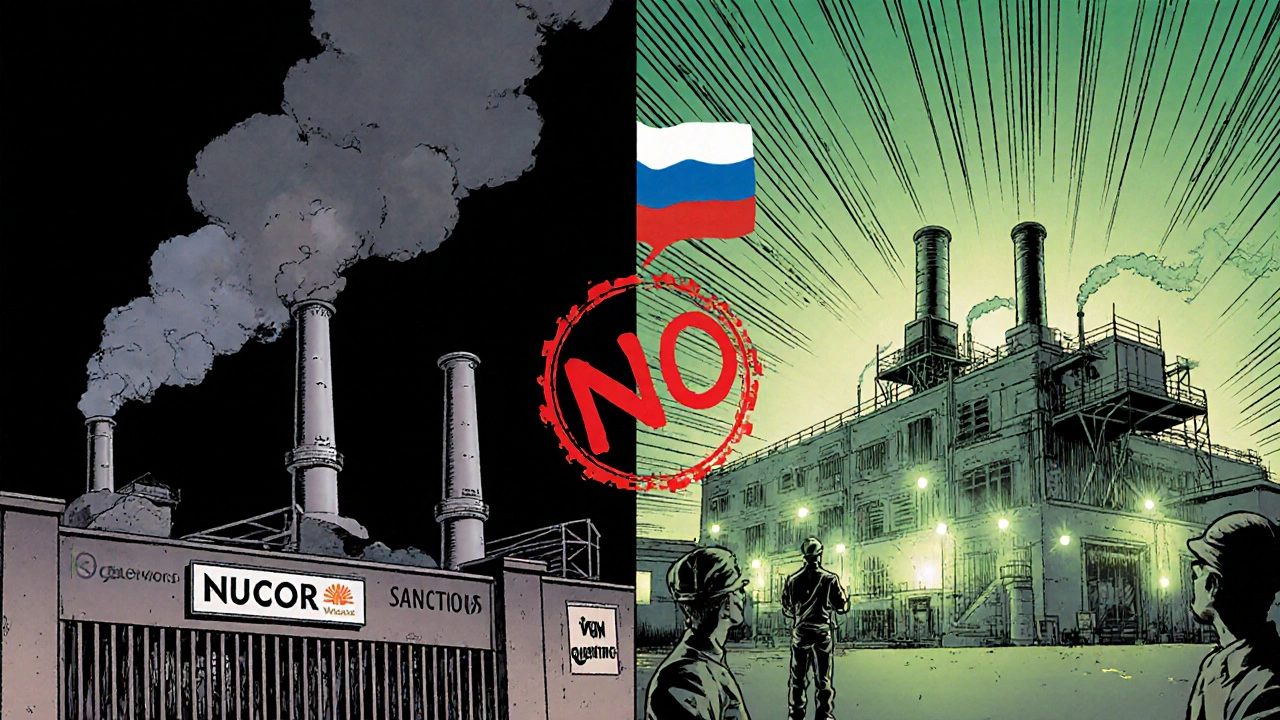 Comic-style contrast between sanctioned Russian steel plants and clean U.S. Nucor mill with shareholder icons.