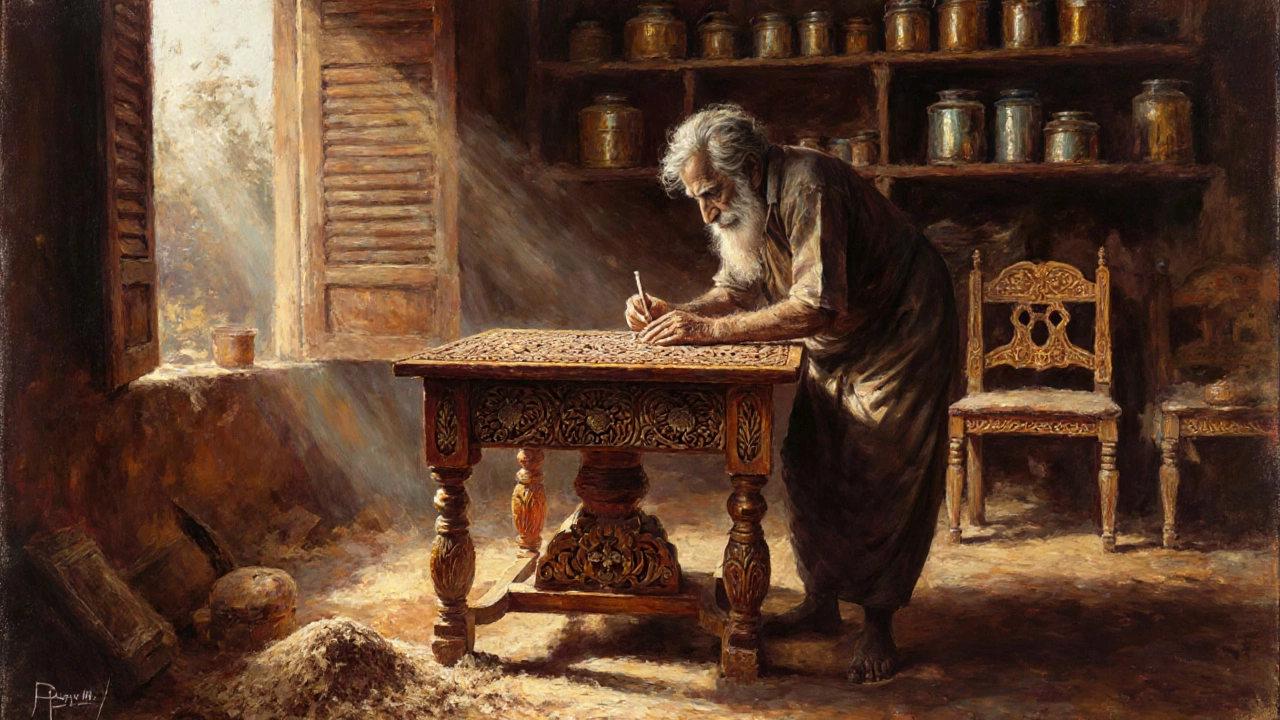 Craftsman hand-carving sheesham wood into a detailed dining table in a Punjab workshop, sawdust on the floor.