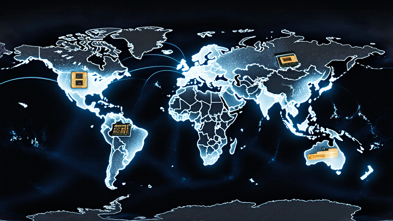 Global trade routes showing Indian electronics flowing to the U.S., UAE, Germany, Kenya, and Nigeria.