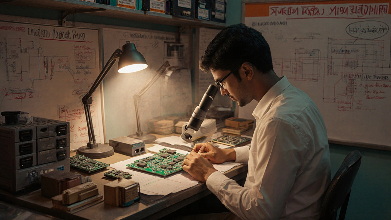 Indian engineers designing advanced circuit boards and medical devices in a lab environment.