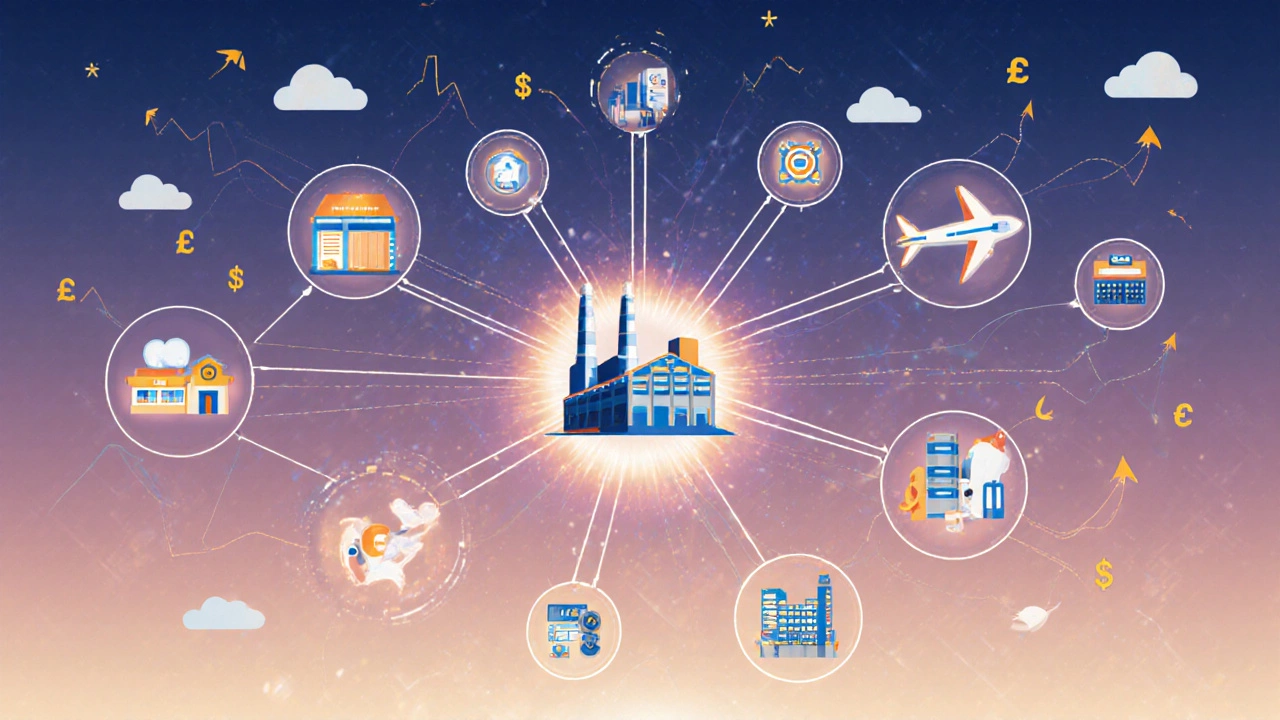 Network of interconnected nodes showing high-tech manufacturing supply chains linking factories, training centers, and labs.