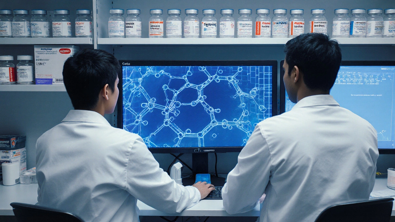 Scientists in a modern Indian lab using AI to discover affordable drug treatments.