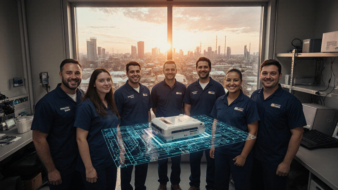 Skilled workers beside a medical device in a clean lab, with holographic tech and a sunset view of a thriving industrial town.